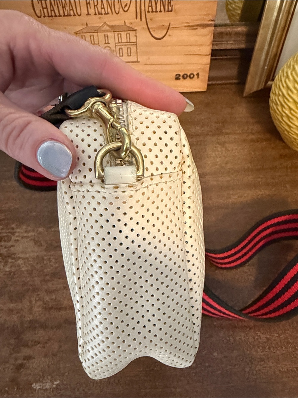 Cream Crossbody Bag with Multicolor Stripe and Red-Black Webbing Strap - Picture 6 of 9